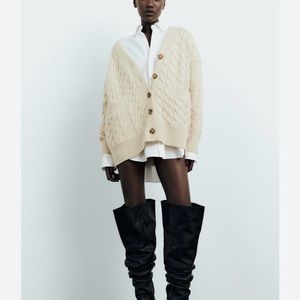 Zara Wool Blend Cable Knit Oversized Cardigan NWT Ecru Sold Out